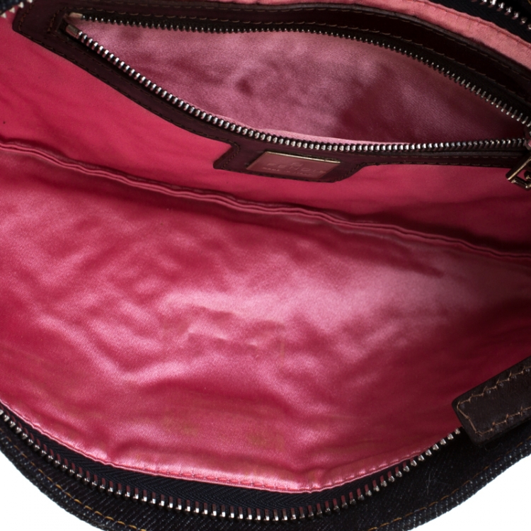 Pre Owned Fendi Blue Rose Embroidered  Denim Baguette