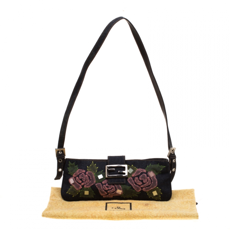 Pre Owned Fendi Blue Rose Embroidered  Denim Baguette