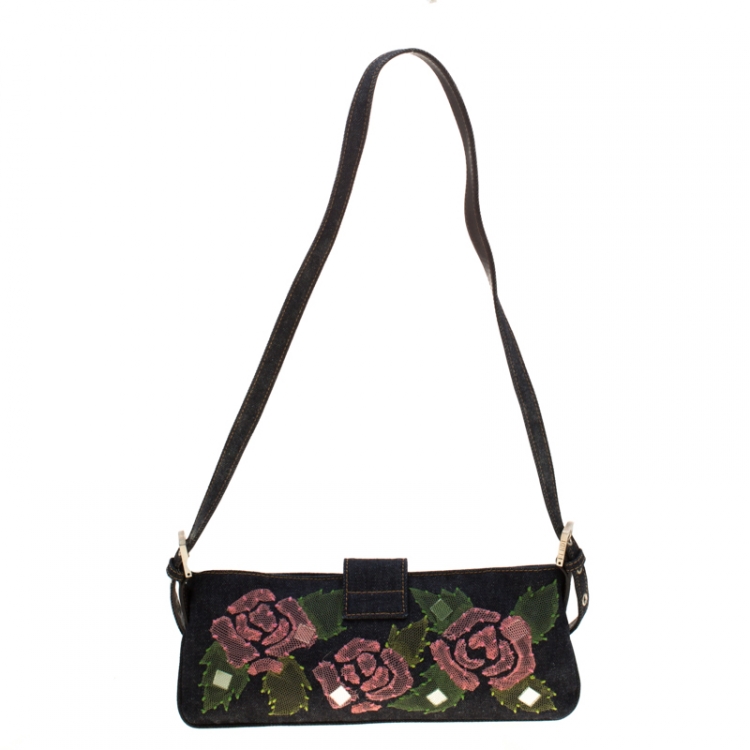Pre Owned Fendi Blue Rose Embroidered  Denim Baguette
