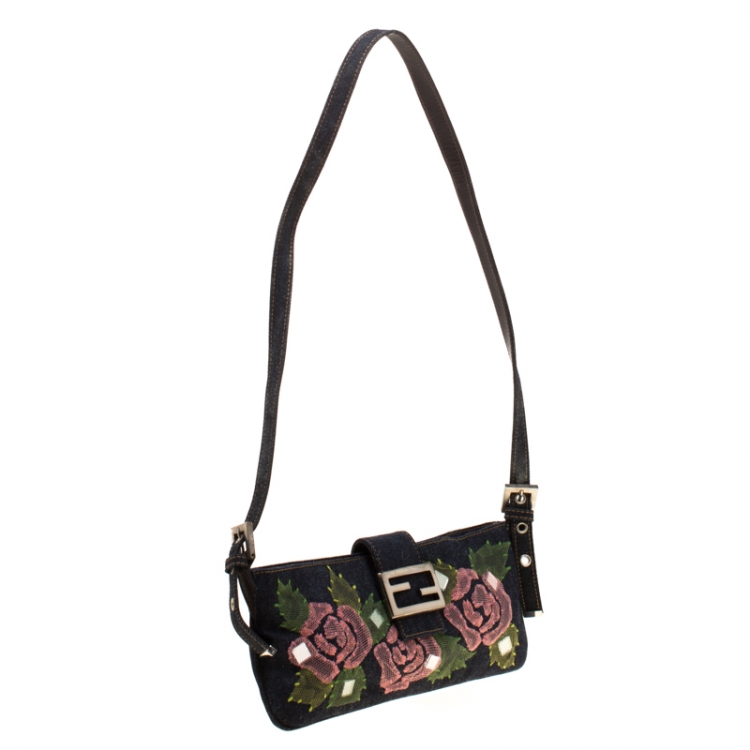 Pre Owned Fendi Blue Rose Embroidered  Denim Baguette