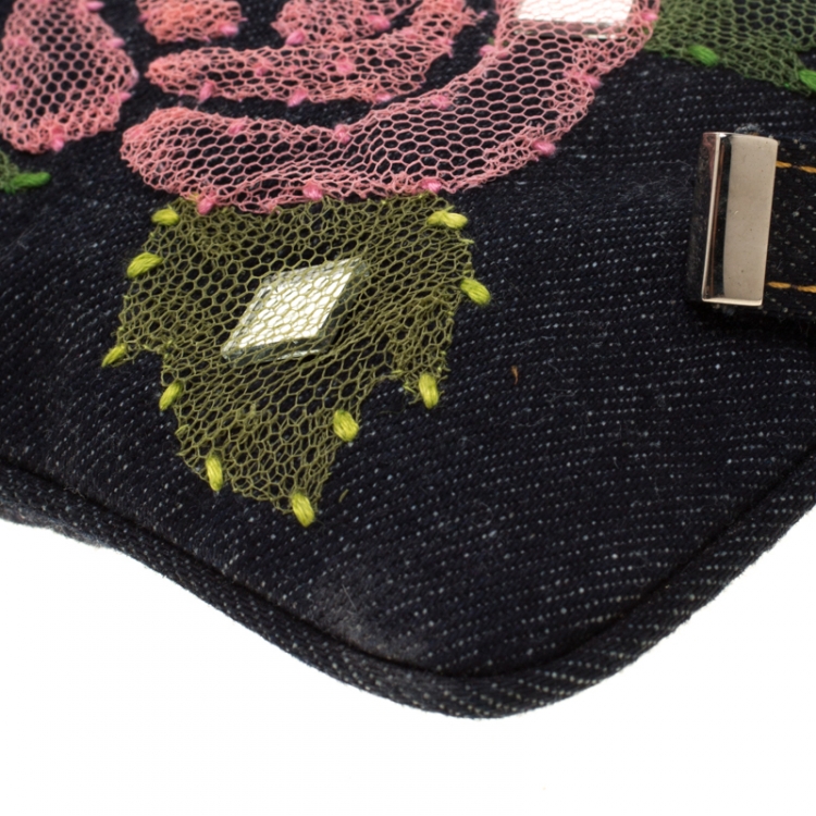 Pre Owned Fendi Blue Rose Embroidered  Denim Baguette