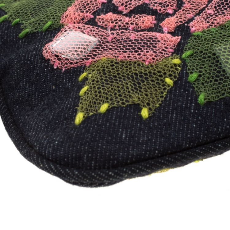 Pre Owned Fendi Blue Rose Embroidered  Denim Baguette