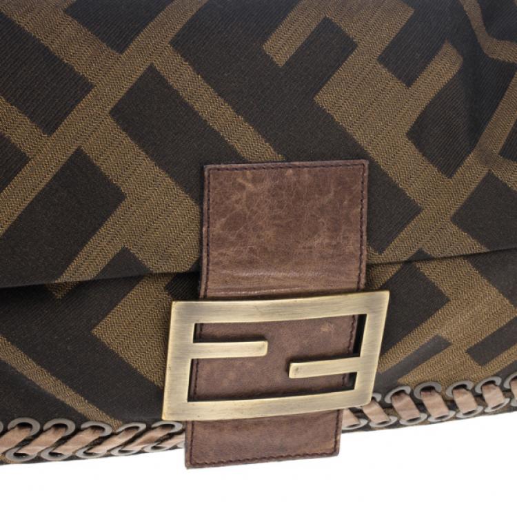 Pre Owned Fendi Brown Chain Zucca Baguette Flap Bag