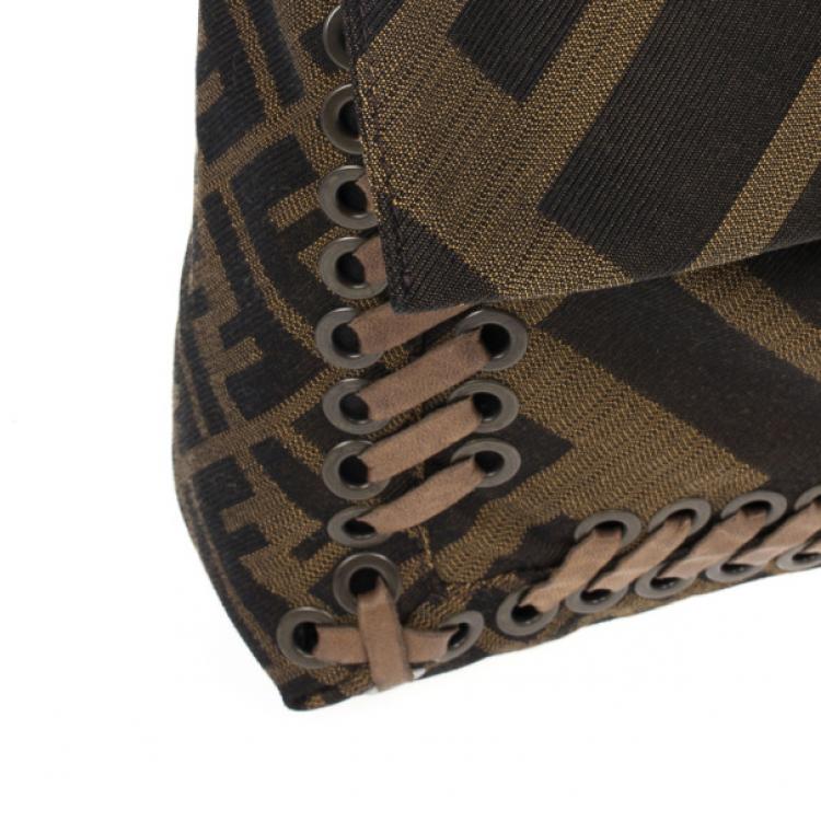 Pre Owned Fendi Brown Chain Zucca Baguette Flap Bag