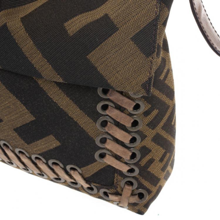 Pre Owned Fendi Brown Chain Zucca Baguette Flap Bag