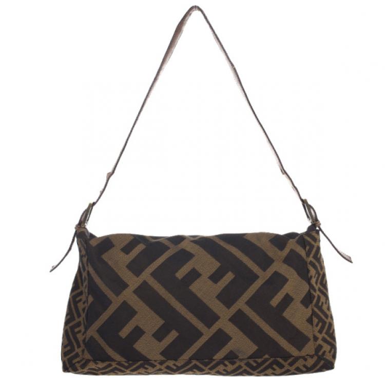 Pre Owned Fendi Brown Chain Zucca Baguette Flap Bag