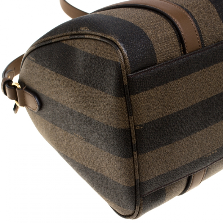Pre Owned Fendi Tobacco Pequin Coated Canvas Bowler Bag