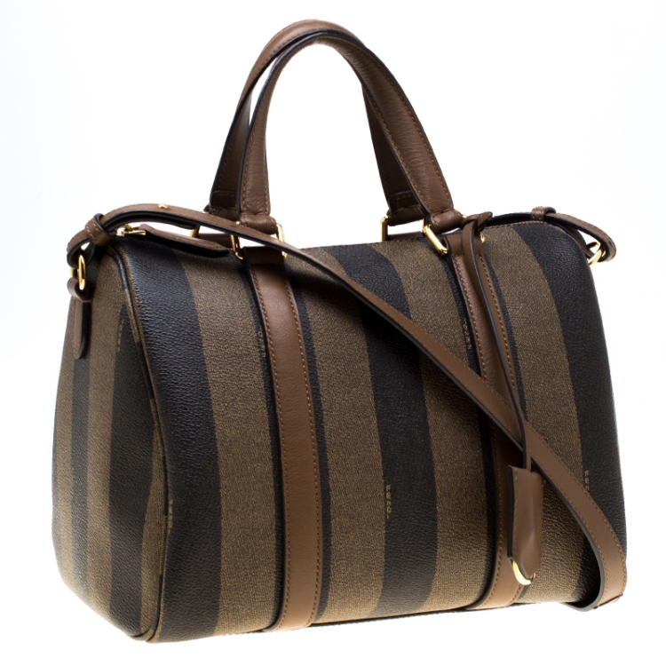 Pre Owned Fendi Tobacco Pequin Coated Canvas Bowler Bag
