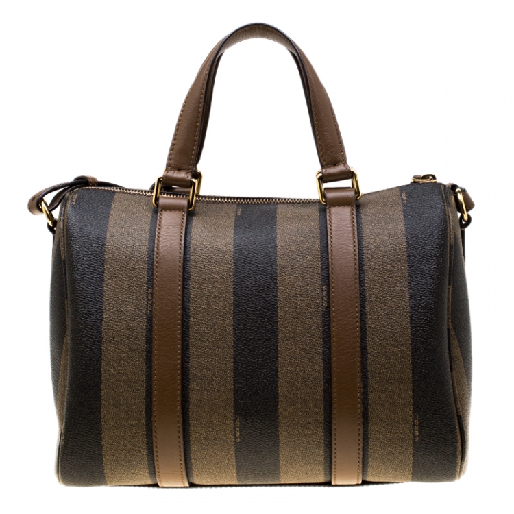 Pre Owned Fendi Tobacco Pequin Coated Canvas Bowler Bag