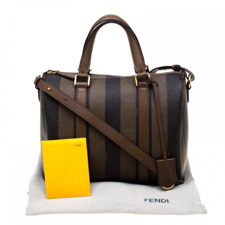 Pre Owned Fendi Tobacco Pequin Coated Canvas Bowler Bag