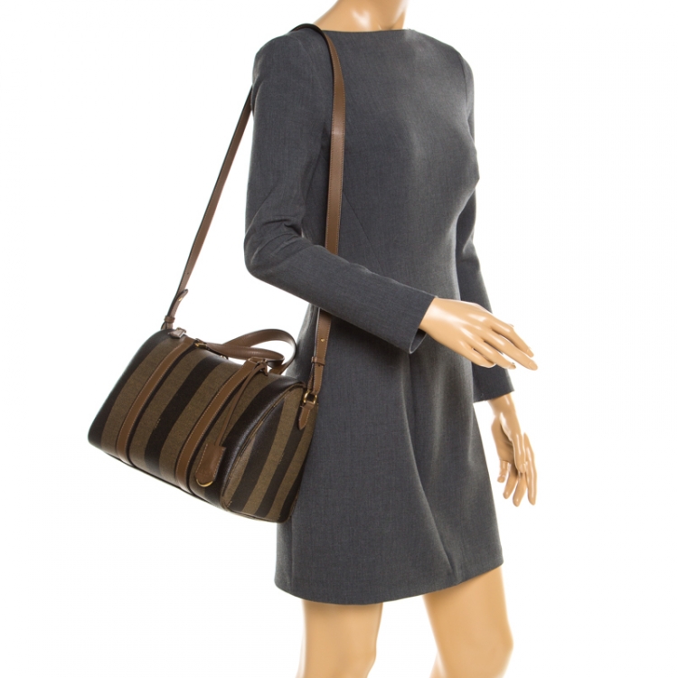 Pre Owned Fendi Tobacco Pequin Coated Canvas Bowler Bag