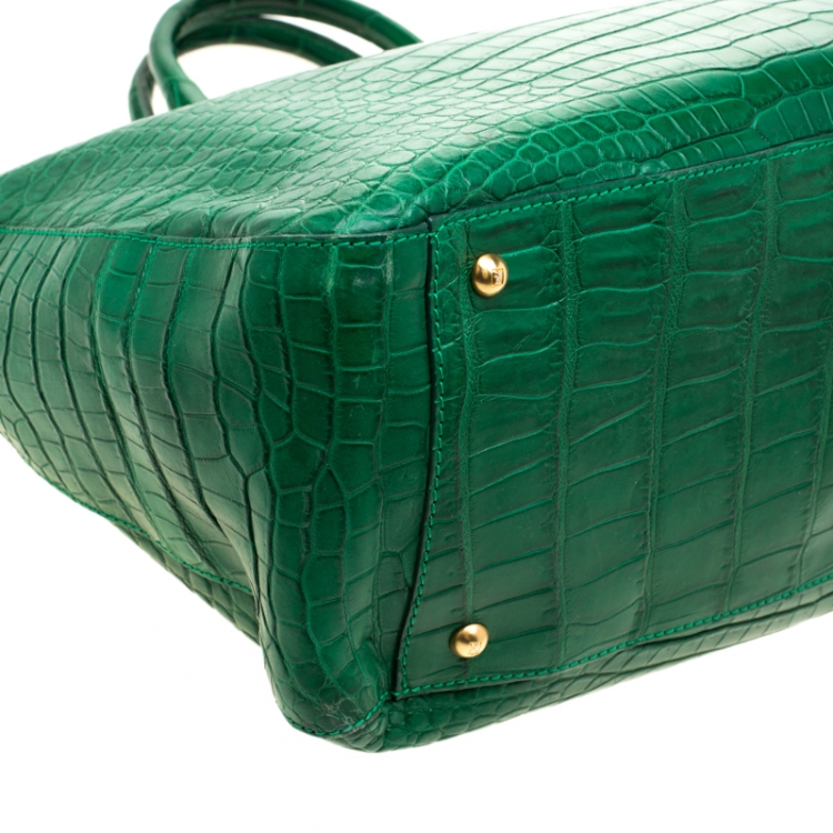 Pre Owned Fendi Green Crocodile Twins Shopper Tote