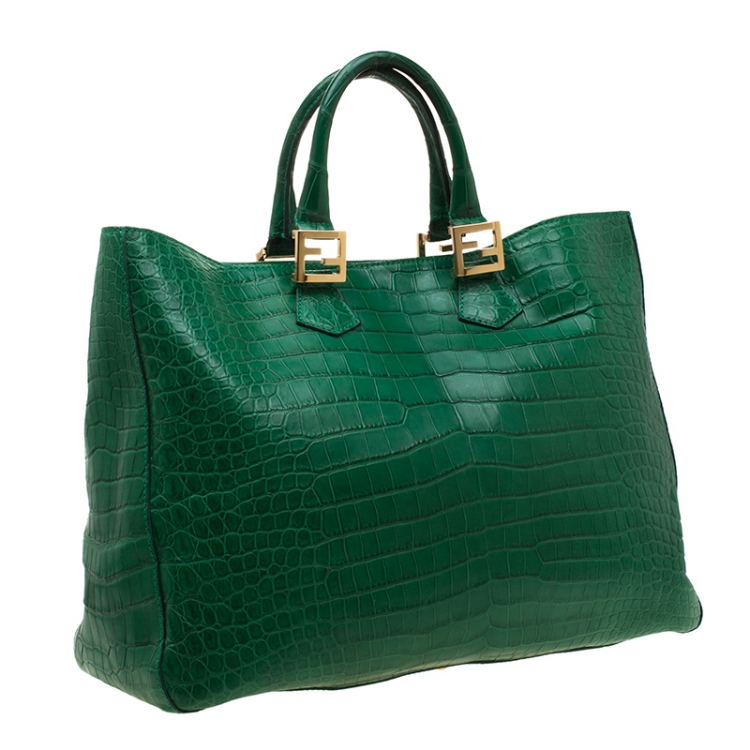 Pre Owned Fendi Green Crocodile Twins Shopper Tote