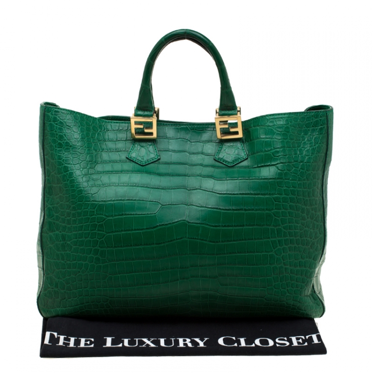 Pre Owned Fendi Green Crocodile Twins Shopper Tote
