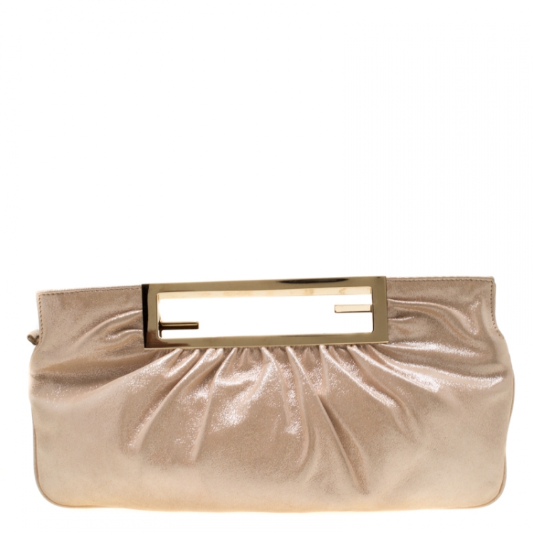 Pre Owned Fendi Metallic Beige Leather Cutout Handle Clutch