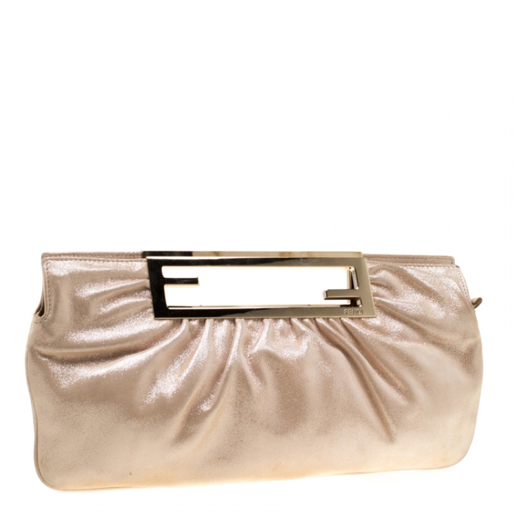 Pre Owned Fendi Metallic Beige Leather Cutout Handle Clutch