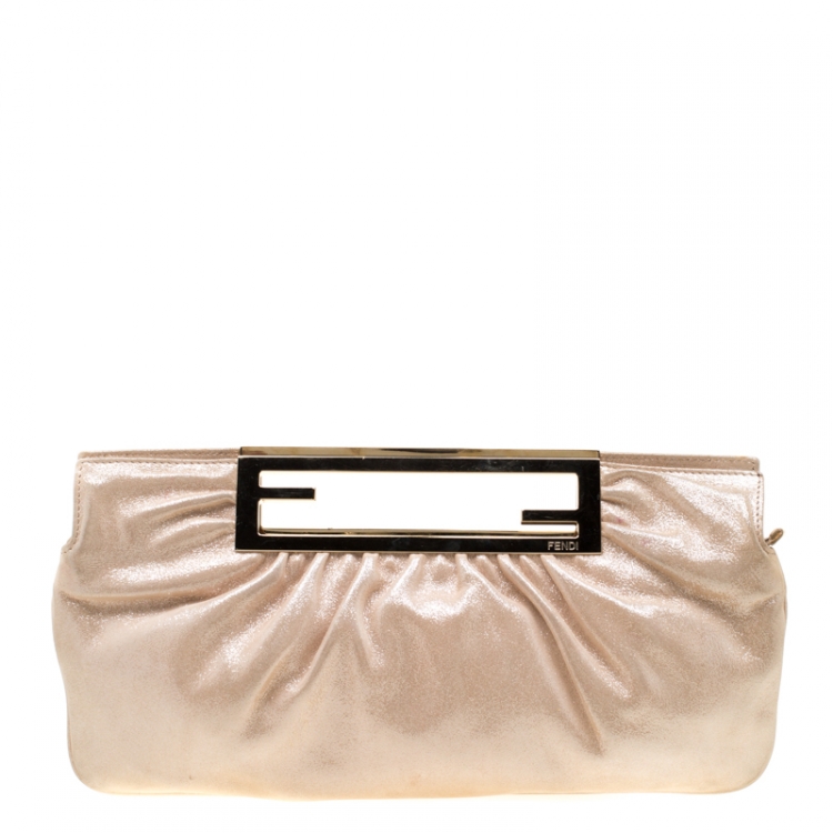 Pre Owned Fendi Metallic Beige Leather Cutout Handle Clutch