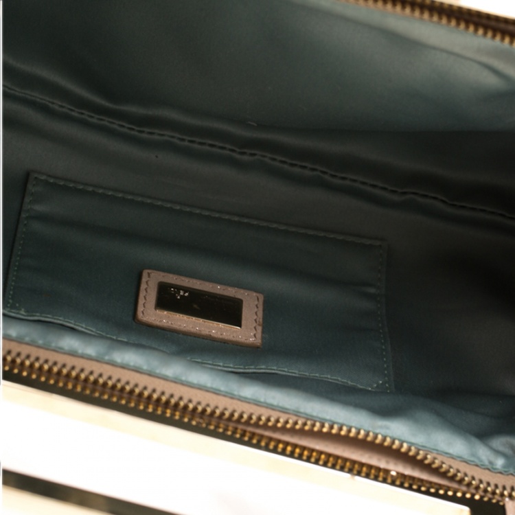 Pre Owned Fendi Metallic Beige Leather Cutout Handle Clutch