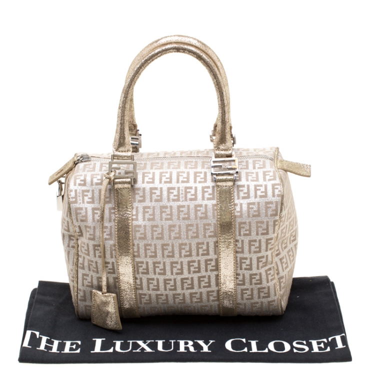 Pre Owned Fendi Gold Metallic Zucchino Canvas and Leather Small Forever Bauletto Boston Bag