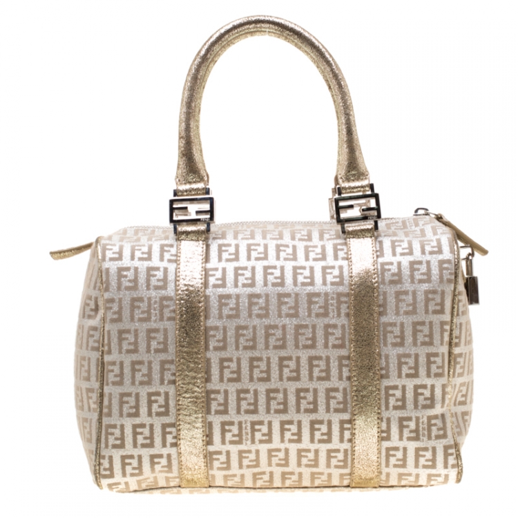 Pre Owned Fendi Gold Metallic Zucchino Canvas and Leather Small Forever Bauletto Boston Bag