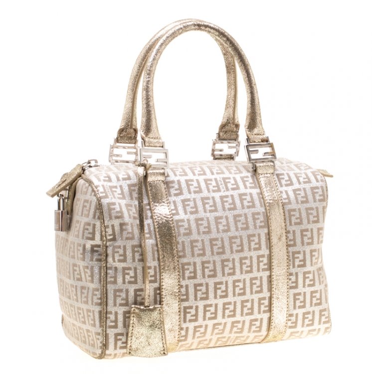 Pre Owned Fendi Gold Metallic Zucchino Canvas and Leather Small Forever Bauletto Boston Bag