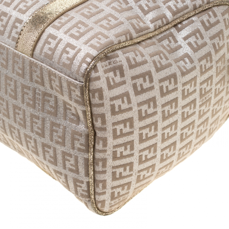 Pre Owned Fendi Gold Metallic Zucchino Canvas and Leather Small Forever Bauletto Boston Bag