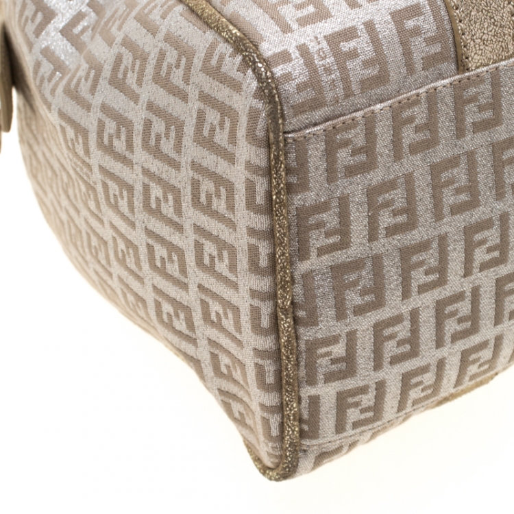 Pre Owned Fendi Gold Metallic Zucchino Canvas and Leather Small Forever Bauletto Boston Bag