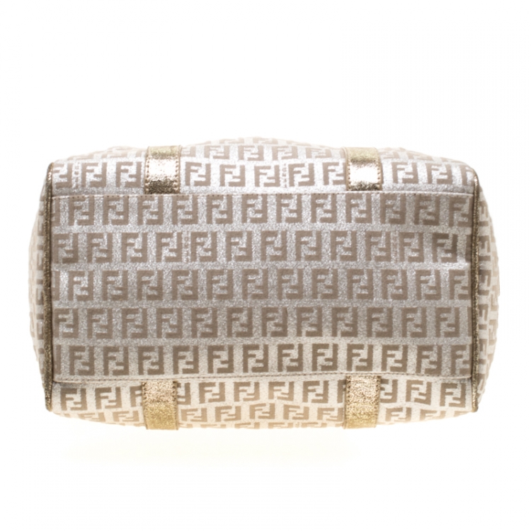 Pre Owned Fendi Gold Metallic Zucchino Canvas and Leather Small Forever Bauletto Boston Bag