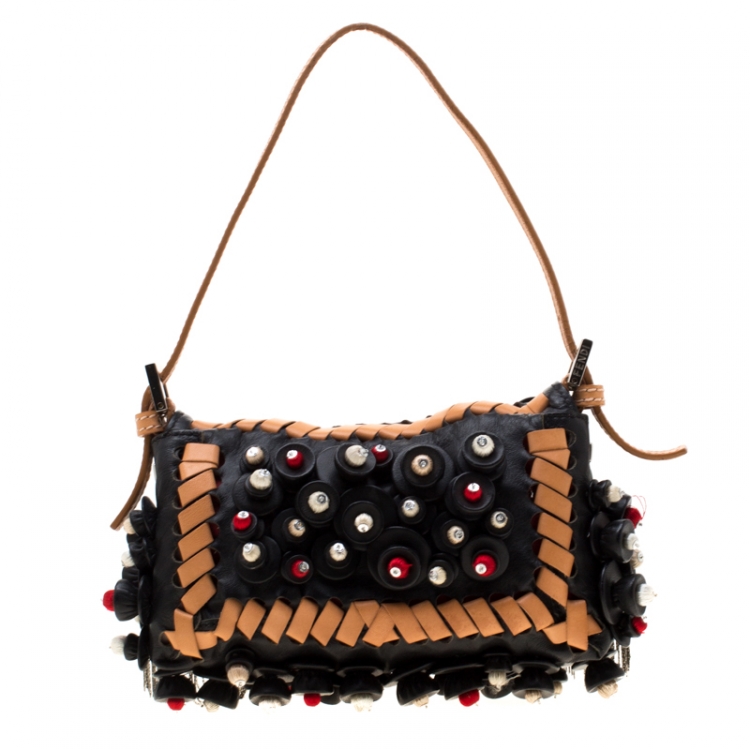 Pre Owned Fendi Black Embellished Micro Baguette Shoulder Bag
