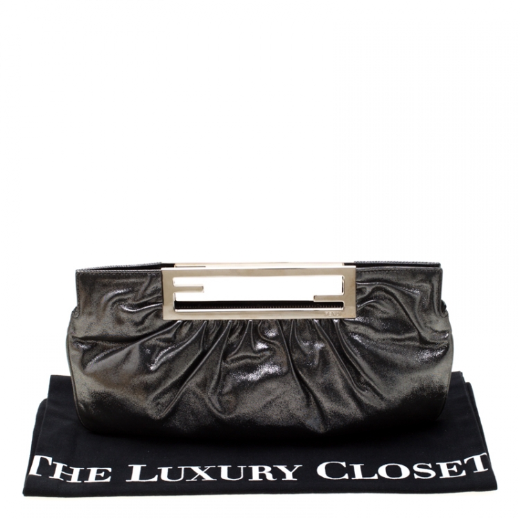 Pre Owned Fendi Grey Metallic Leather Cutout Handle Clutch
