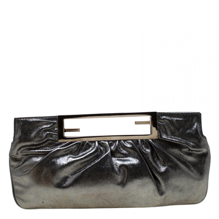 Pre Owned Fendi Grey Metallic Leather Cutout Handle Clutch