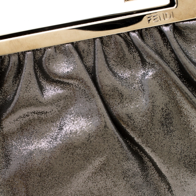 Pre Owned Fendi Grey Metallic Leather Cutout Handle Clutch