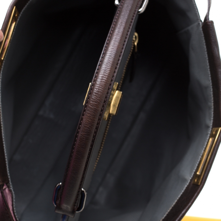 Pre Owned Fendi Dark Brown Leather Large Peekaboo Top Handle Bag