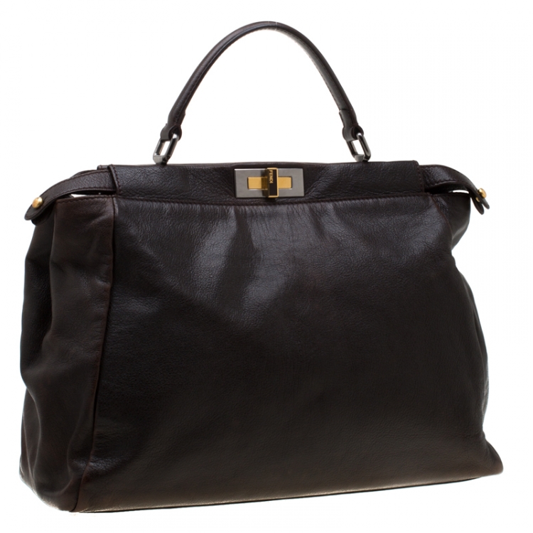Pre Owned Fendi Dark Brown Leather Large Peekaboo Top Handle Bag