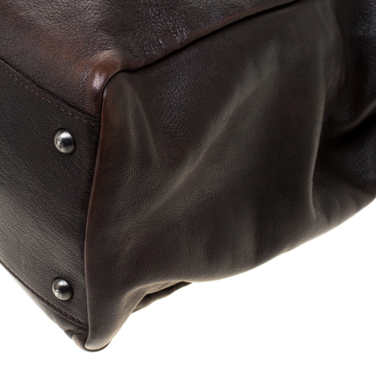 Pre Owned Fendi Dark Brown Leather Large Peekaboo Top Handle Bag