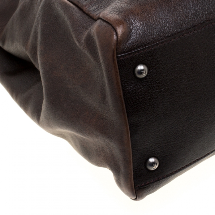 Pre Owned Fendi Dark Brown Leather Large Peekaboo Top Handle Bag