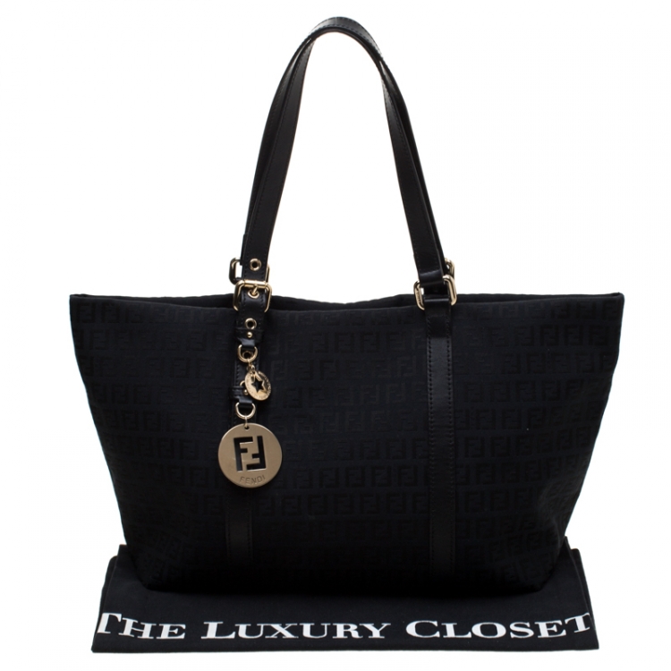 Pre Owned Fendi Black Zucchino Canvas and Leather Superstar Shopper Tote