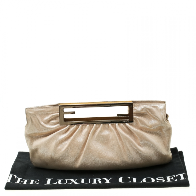 Pre Owned Fendi Beige Metallic Leather Cutout Handle Clutch