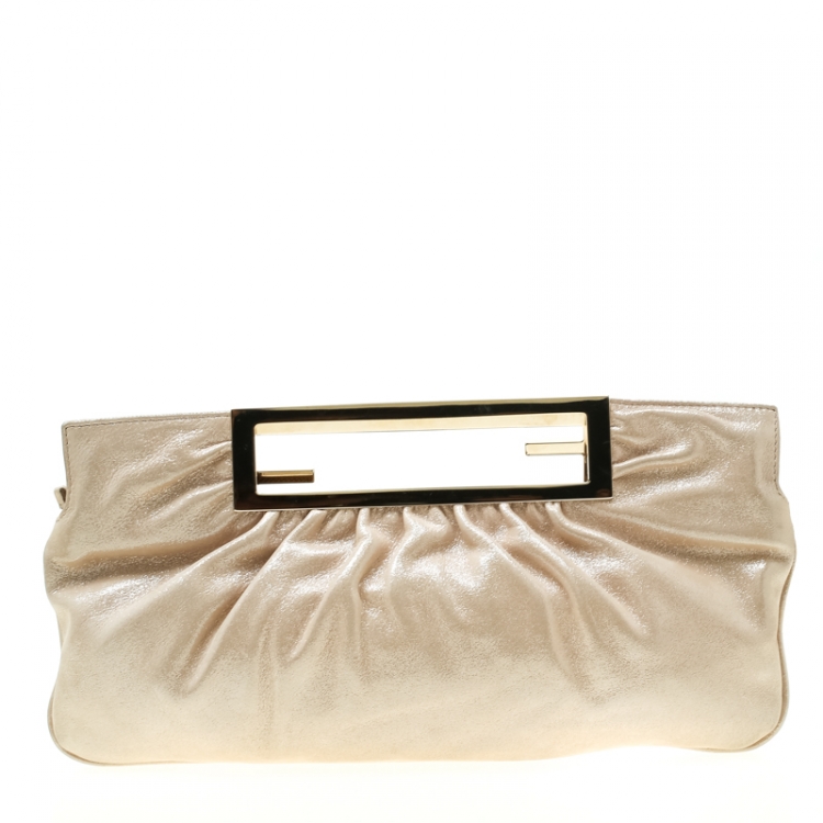 Pre Owned Fendi Beige Metallic Leather Cutout Handle Clutch