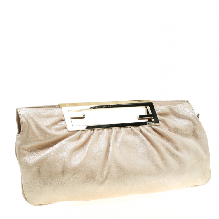 Pre Owned Fendi Beige Metallic Leather Cutout Handle Clutch