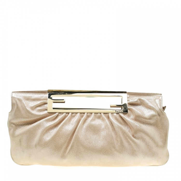 Pre Owned Fendi Beige Metallic Leather Cutout Handle Clutch