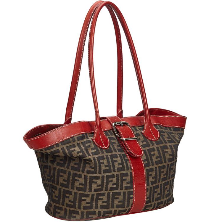 Tobacco/Red Zucca Canvas and Leather Tote Bag Fendi | TLC