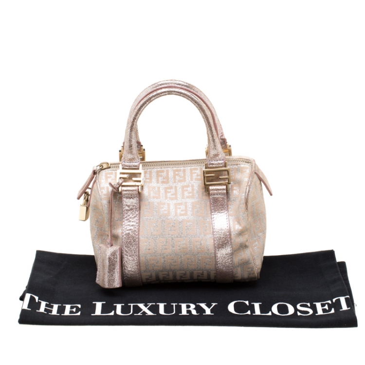 Pre Owned Fendi Metallic Zucchino Canvas and Leather Mini Boston Bag
