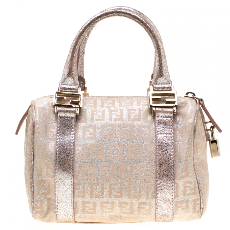 Pre Owned Fendi Metallic Zucchino Canvas and Leather Mini Boston Bag