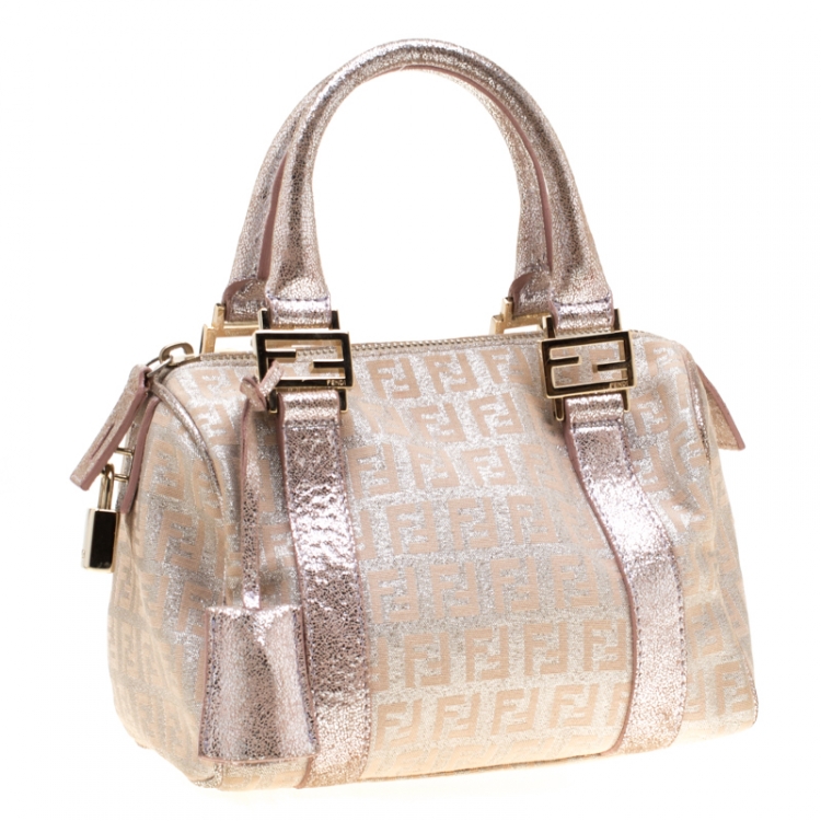 Pre Owned Fendi Metallic Zucchino Canvas and Leather Mini Boston Bag