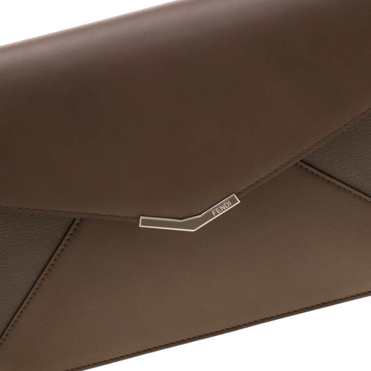 Pre Owned Fendi Brown Leather Geometric Envelope Clutch
