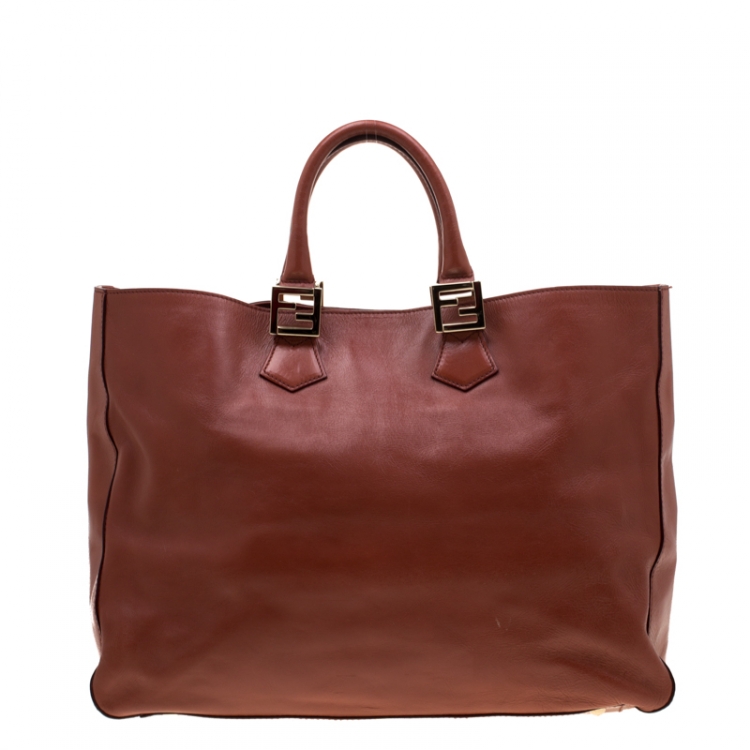 Pre Owned Fendi Rust Leather Twins Shopper Tote
