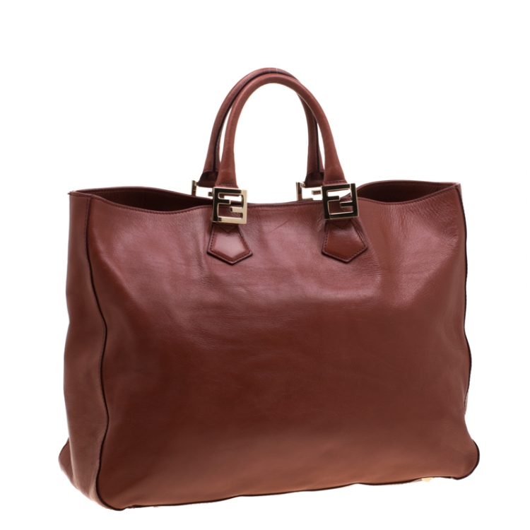 Pre Owned Fendi Rust Leather Twins Shopper Tote