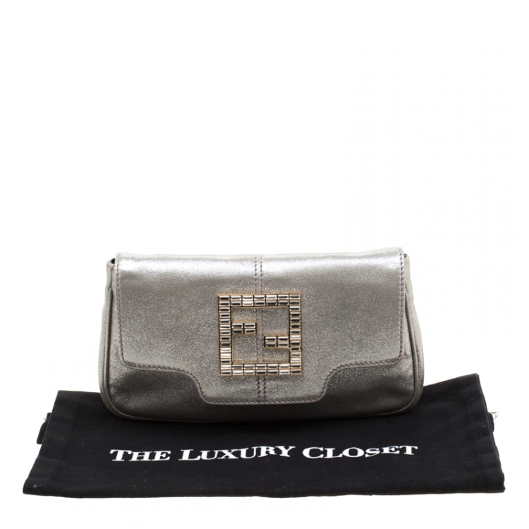 Pre Owned Fendi Silver Metallic Crystal Logo Leather Flap Clutch