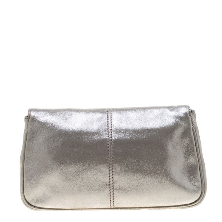 Pre Owned Fendi Silver Metallic Crystal Logo Leather Flap Clutch